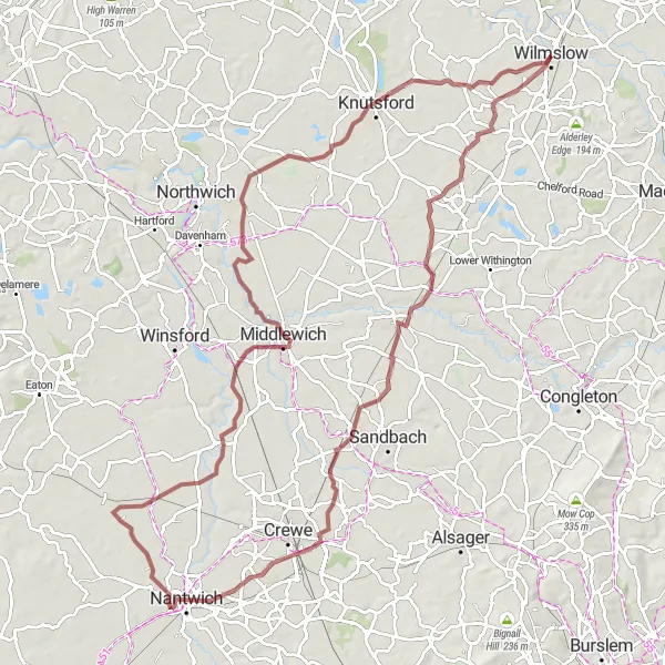 Map miniature of "The Cheshire Gravel Adventure" cycling inspiration in Cheshire, United Kingdom. Generated by Tarmacs.app cycling route planner