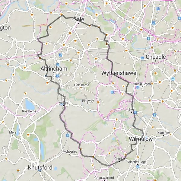 Map miniature of "The Countryside Escape" cycling inspiration in Cheshire, United Kingdom. Generated by Tarmacs.app cycling route planner