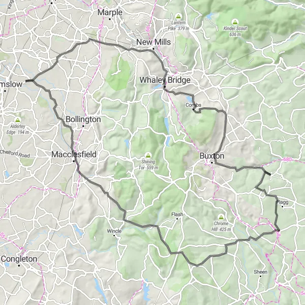 Map miniature of "The Peak District Loop" cycling inspiration in Cheshire, United Kingdom. Generated by Tarmacs.app cycling route planner
