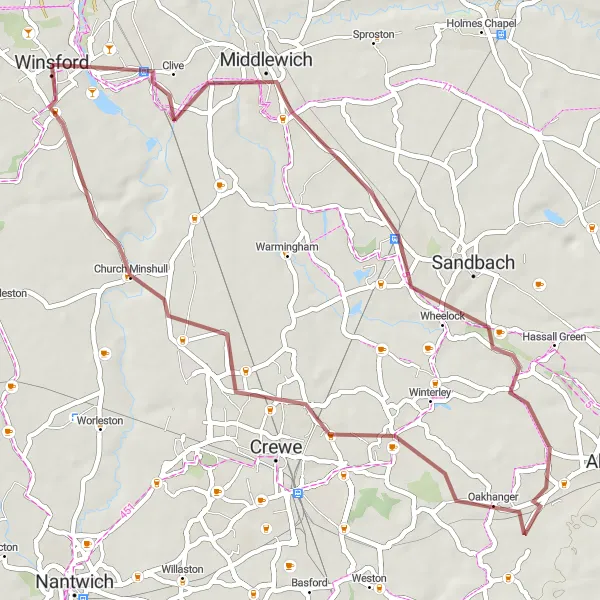 Map miniature of "Middlewich Gravel Adventure" cycling inspiration in Cheshire, United Kingdom. Generated by Tarmacs.app cycling route planner