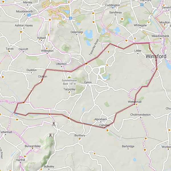 Map miniature of "Cheshire Gravel Delight" cycling inspiration in Cheshire, United Kingdom. Generated by Tarmacs.app cycling route planner