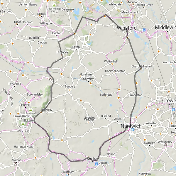 Map miniature of "Church Minshull Loop" cycling inspiration in Cheshire, United Kingdom. Generated by Tarmacs.app cycling route planner