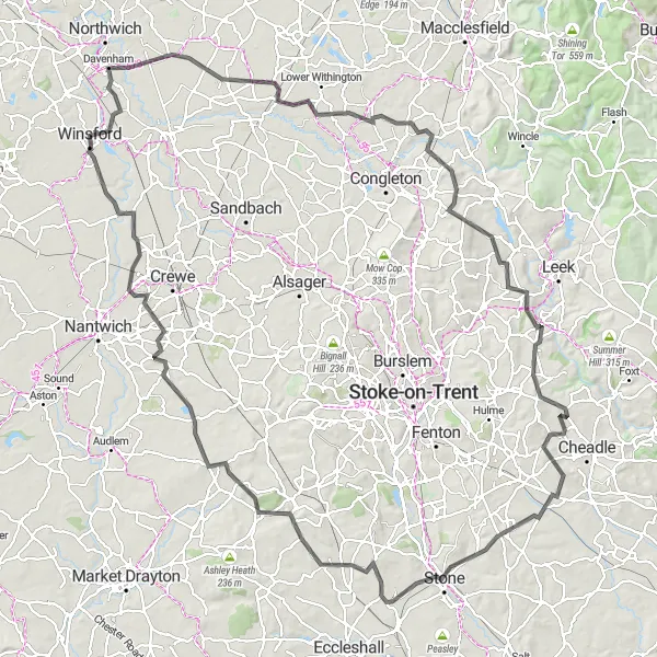 Map miniature of "Cheshire Hills Epic" cycling inspiration in Cheshire, United Kingdom. Generated by Tarmacs.app cycling route planner