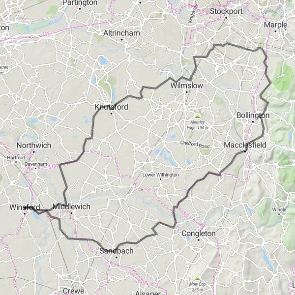 Map miniature of "Cheshire Road Challenge" cycling inspiration in Cheshire, United Kingdom. Generated by Tarmacs.app cycling route planner