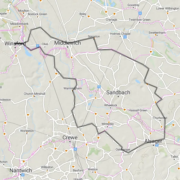 Map miniature of "Cheshire Countryside Charm" cycling inspiration in Cheshire, United Kingdom. Generated by Tarmacs.app cycling route planner