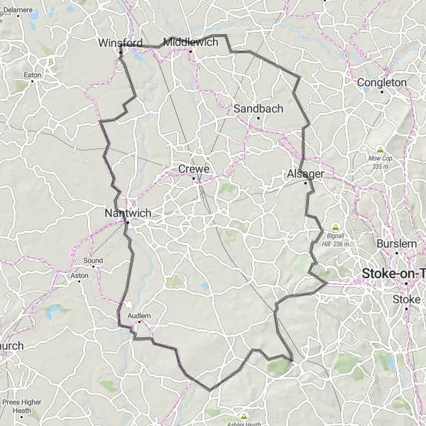 Map miniature of "Cheshire Road Explorer" cycling inspiration in Cheshire, United Kingdom. Generated by Tarmacs.app cycling route planner