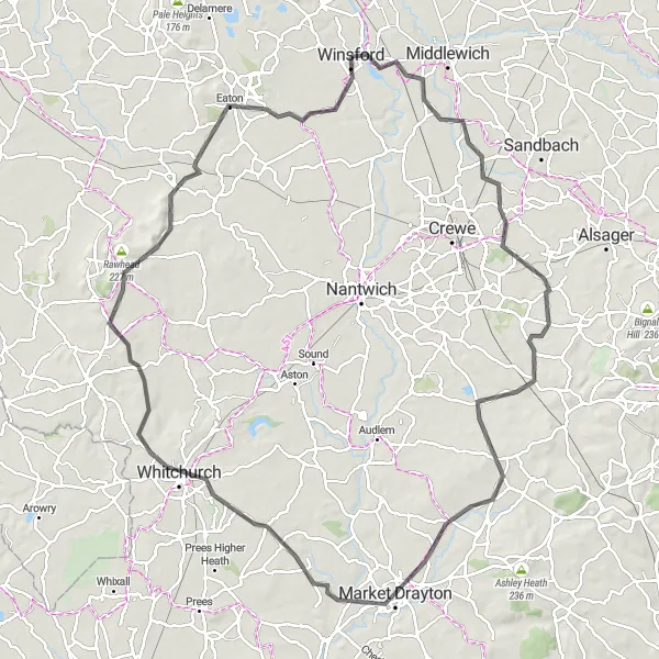Map miniature of "Cheshire Ascender" cycling inspiration in Cheshire, United Kingdom. Generated by Tarmacs.app cycling route planner