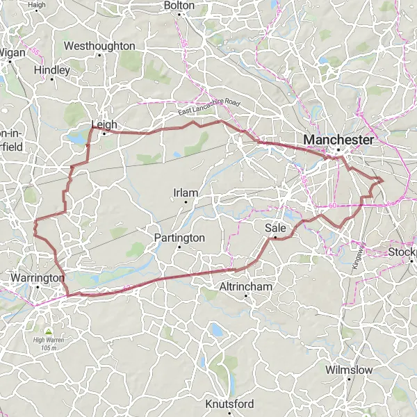 Map miniature of "Cheshire Gravel Adventure" cycling inspiration in Cheshire, United Kingdom. Generated by Tarmacs.app cycling route planner