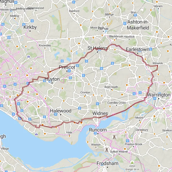 Map miniature of "Winwick Gravel Adventure" cycling inspiration in Cheshire, United Kingdom. Generated by Tarmacs.app cycling route planner