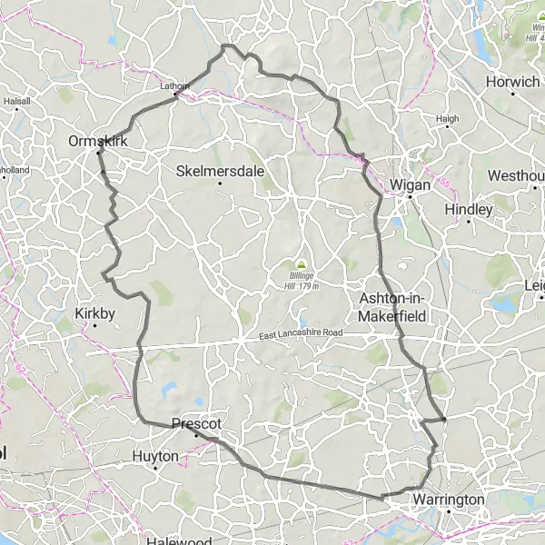 Map miniature of "Exploring Warrington's Countryside" cycling inspiration in Cheshire, United Kingdom. Generated by Tarmacs.app cycling route planner