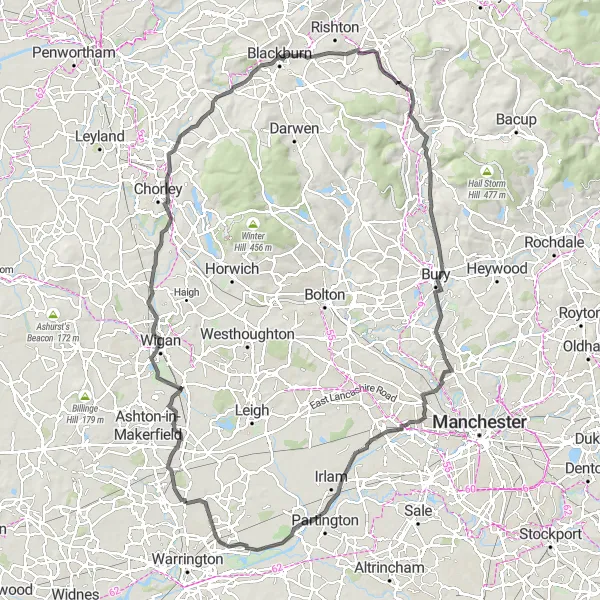 Map miniature of "Wigan Hills Challenge" cycling inspiration in Cheshire, United Kingdom. Generated by Tarmacs.app cycling route planner