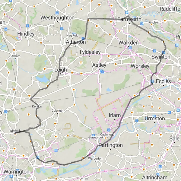 Map miniature of "Winwick to Arbury Loop" cycling inspiration in Cheshire, United Kingdom. Generated by Tarmacs.app cycling route planner