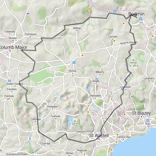 Map miniature of "Helman Tor to St. Austell via Indian Queens" cycling inspiration in Cornwall and Isles of Scilly, United Kingdom. Generated by Tarmacs.app cycling route planner