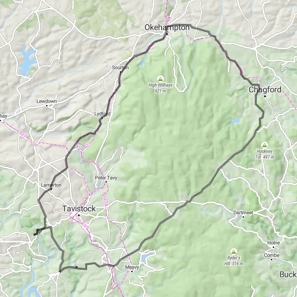 Map miniature of "Gunnislake to Sourton Tors Round Trip" cycling inspiration in Cornwall and Isles of Scilly, United Kingdom. Generated by Tarmacs.app cycling route planner