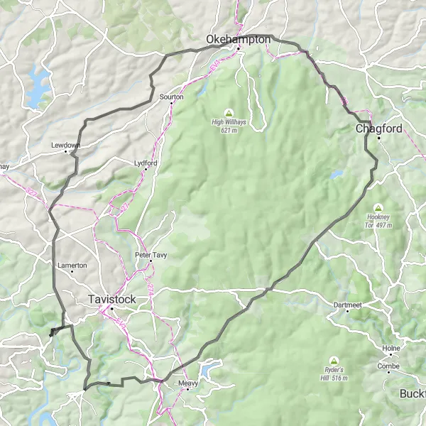 Map miniature of "Remote Dartmoor Road Tour" cycling inspiration in Cornwall and Isles of Scilly, United Kingdom. Generated by Tarmacs.app cycling route planner