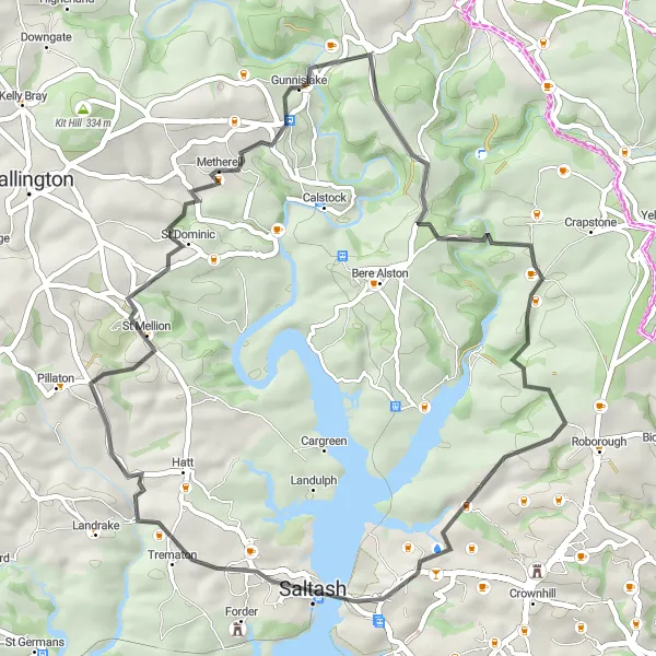 Map miniature of "Gunnislake to Albaston Round Trip" cycling inspiration in Cornwall and Isles of Scilly, United Kingdom. Generated by Tarmacs.app cycling route planner