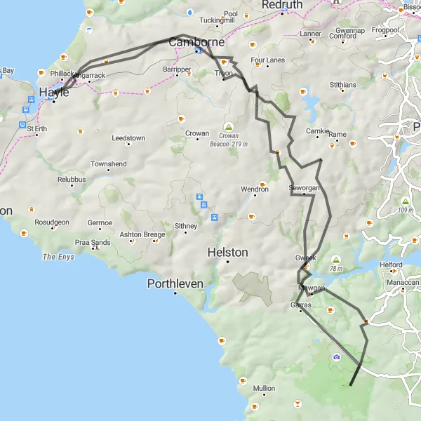 Map miniature of "The Gweek and Brill Road Loop" cycling inspiration in Cornwall and Isles of Scilly, United Kingdom. Generated by Tarmacs.app cycling route planner