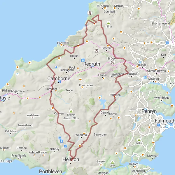Map miniature of "The Camborne Gravel Challenge" cycling inspiration in Cornwall and Isles of Scilly, United Kingdom. Generated by Tarmacs.app cycling route planner
