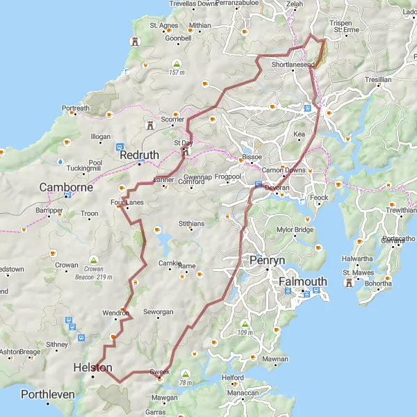Map miniature of "Historic Cornwall Grand Loop" cycling inspiration in Cornwall and Isles of Scilly, United Kingdom. Generated by Tarmacs.app cycling route planner