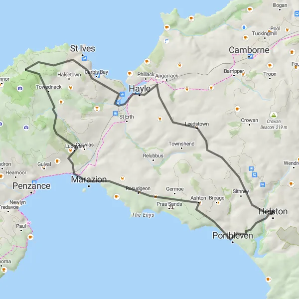 Map miniature of "The Germoe Loop" cycling inspiration in Cornwall and Isles of Scilly, United Kingdom. Generated by Tarmacs.app cycling route planner