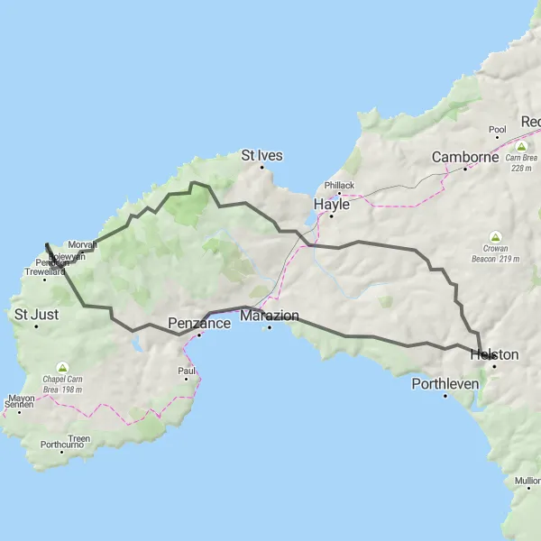 Map miniature of "The Coastal Cornish Adventure" cycling inspiration in Cornwall and Isles of Scilly, United Kingdom. Generated by Tarmacs.app cycling route planner