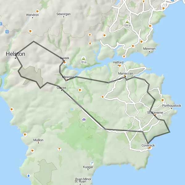 Map miniature of "Hidden Gems of South Cornwall" cycling inspiration in Cornwall and Isles of Scilly, United Kingdom. Generated by Tarmacs.app cycling route planner