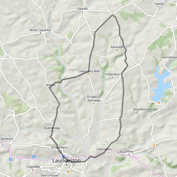 Map miniature of "Launceston Castle Loop" cycling inspiration in Cornwall and Isles of Scilly, United Kingdom. Generated by Tarmacs.app cycling route planner