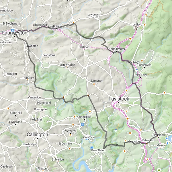 Map miniature of "Launceston to Mary Tavy" cycling inspiration in Cornwall and Isles of Scilly, United Kingdom. Generated by Tarmacs.app cycling route planner
