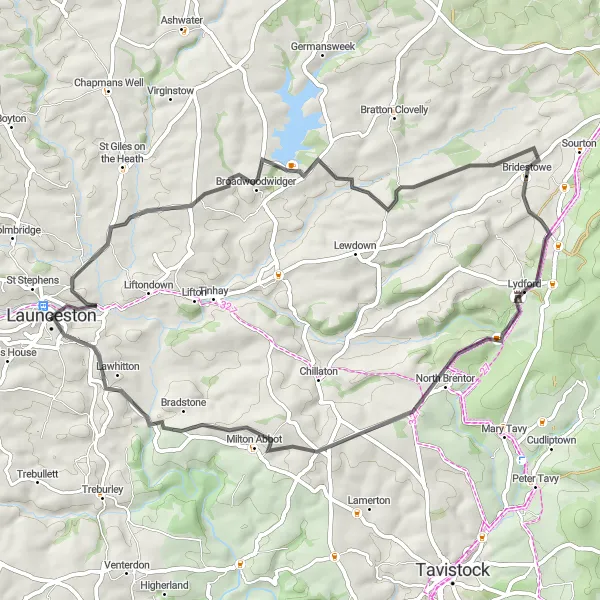 Map miniature of "Launceston Heritage Ride" cycling inspiration in Cornwall and Isles of Scilly, United Kingdom. Generated by Tarmacs.app cycling route planner