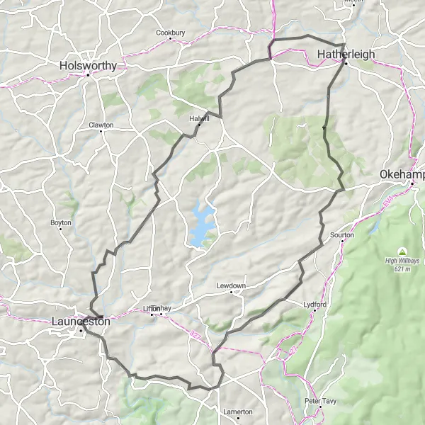 Map miniature of "Launceston and Surroundings" cycling inspiration in Cornwall and Isles of Scilly, United Kingdom. Generated by Tarmacs.app cycling route planner