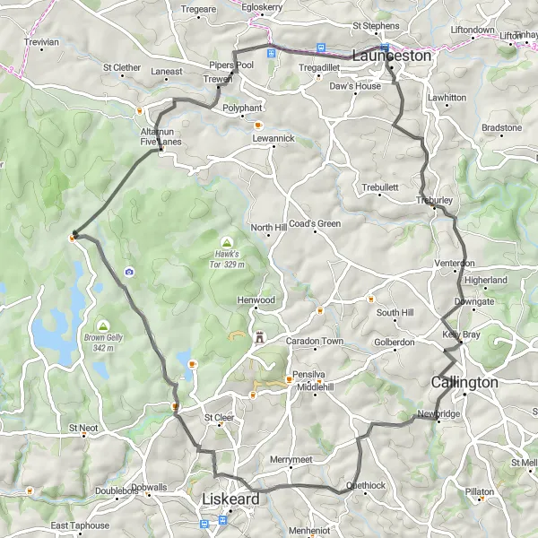 Map miniature of "Launceston to Kelly Bray" cycling inspiration in Cornwall and Isles of Scilly, United Kingdom. Generated by Tarmacs.app cycling route planner