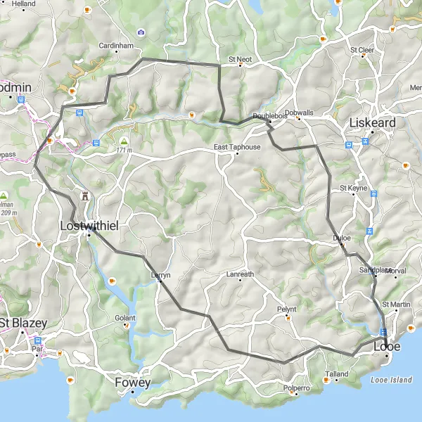 Map miniature of "Lostwithiel Adventure" cycling inspiration in Cornwall and Isles of Scilly, United Kingdom. Generated by Tarmacs.app cycling route planner