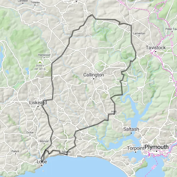 Map miniature of "Pengover Green and Seaton Circuit" cycling inspiration in Cornwall and Isles of Scilly, United Kingdom. Generated by Tarmacs.app cycling route planner