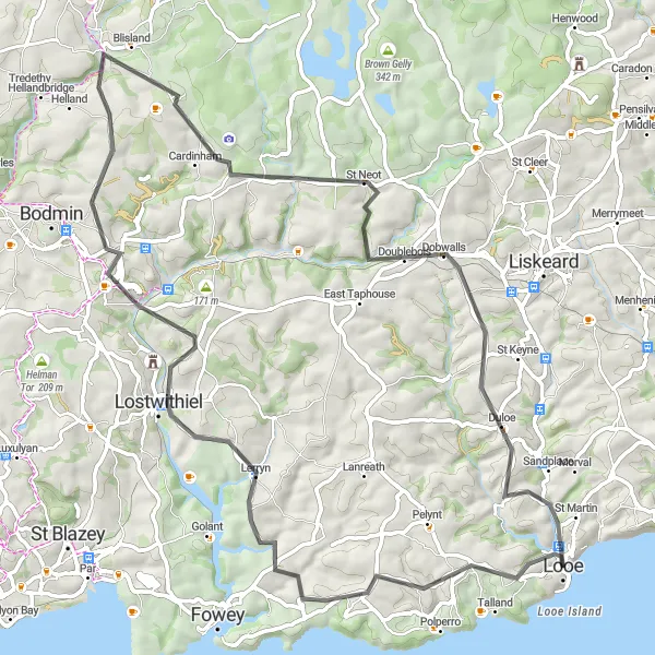 Map miniature of "Lansallos and Duloe Circuit" cycling inspiration in Cornwall and Isles of Scilly, United Kingdom. Generated by Tarmacs.app cycling route planner