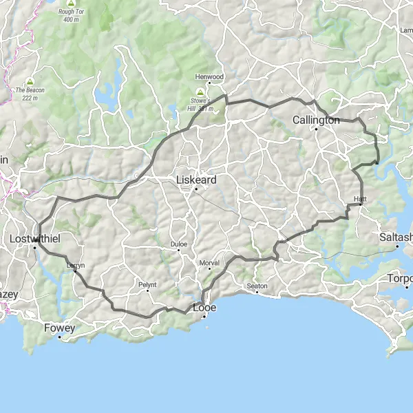 Map miniature of "Lostwithiel to Middle Taphouse and Hatt Road Cycling" cycling inspiration in Cornwall and Isles of Scilly, United Kingdom. Generated by Tarmacs.app cycling route planner