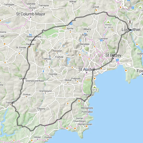 Map miniature of "Lostwithiel to Pentewan Coastal Ride" cycling inspiration in Cornwall and Isles of Scilly, United Kingdom. Generated by Tarmacs.app cycling route planner