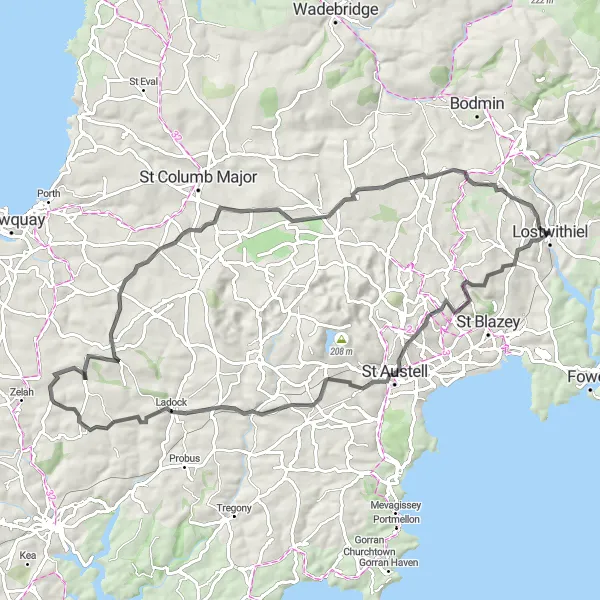 Map miniature of "Lostwithiel to Ladock and Mitchell Road Cycling" cycling inspiration in Cornwall and Isles of Scilly, United Kingdom. Generated by Tarmacs.app cycling route planner