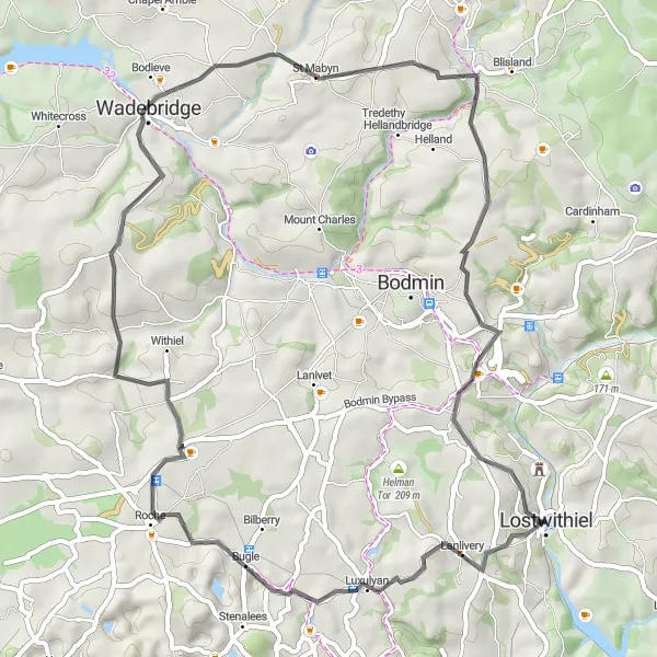 Map miniature of "Lostwithiel to Lanlivery Loop" cycling inspiration in Cornwall and Isles of Scilly, United Kingdom. Generated by Tarmacs.app cycling route planner