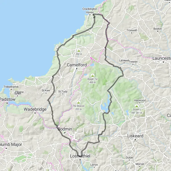 Map miniature of "Lostwithiel to Dunmere and Boscastle Road Cycling" cycling inspiration in Cornwall and Isles of Scilly, United Kingdom. Generated by Tarmacs.app cycling route planner