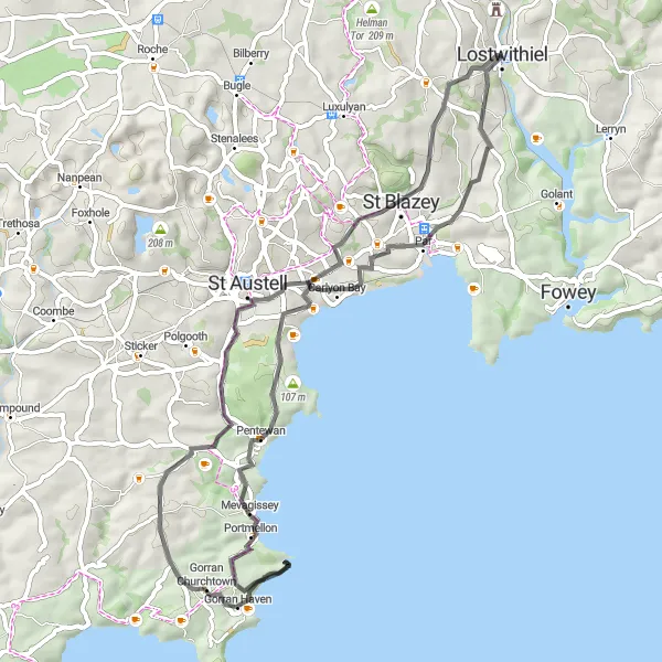 Map miniature of "Lostwithiel to Gorran Churchtown Loop" cycling inspiration in Cornwall and Isles of Scilly, United Kingdom. Generated by Tarmacs.app cycling route planner