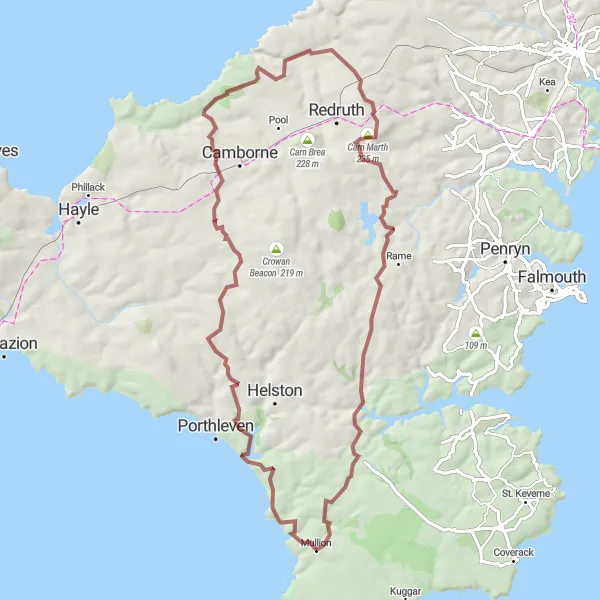 Map miniature of "Cornish Coastal Adventure" cycling inspiration in Cornwall and Isles of Scilly, United Kingdom. Generated by Tarmacs.app cycling route planner