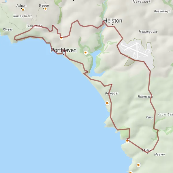 Map miniature of "Coastal Gravel Ride to Porthleven and Helston" cycling inspiration in Cornwall and Isles of Scilly, United Kingdom. Generated by Tarmacs.app cycling route planner