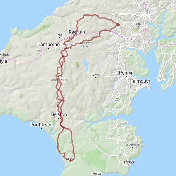 Map miniature of "Gravel Adventure through Carn Marth and Twelvesheads" cycling inspiration in Cornwall and Isles of Scilly, United Kingdom. Generated by Tarmacs.app cycling route planner