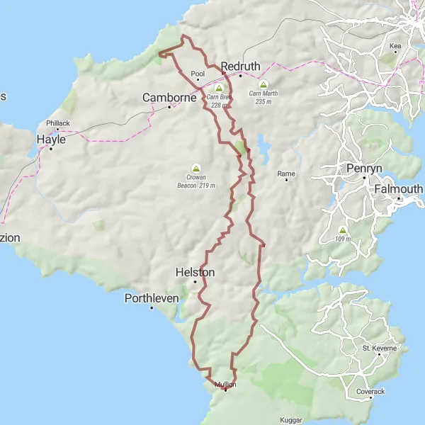 Map miniature of "Carnebone Loop" cycling inspiration in Cornwall and Isles of Scilly, United Kingdom. Generated by Tarmacs.app cycling route planner