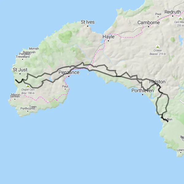 Map miniature of "Coastal Challenge" cycling inspiration in Cornwall and Isles of Scilly, United Kingdom. Generated by Tarmacs.app cycling route planner