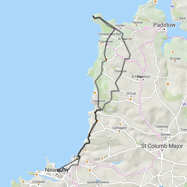 Map miniature of "Bedruthan Adventure" cycling inspiration in Cornwall and Isles of Scilly, United Kingdom. Generated by Tarmacs.app cycling route planner