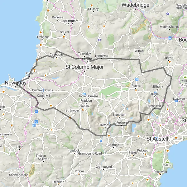 Map miniature of "Coastal Exploration" cycling inspiration in Cornwall and Isles of Scilly, United Kingdom. Generated by Tarmacs.app cycling route planner