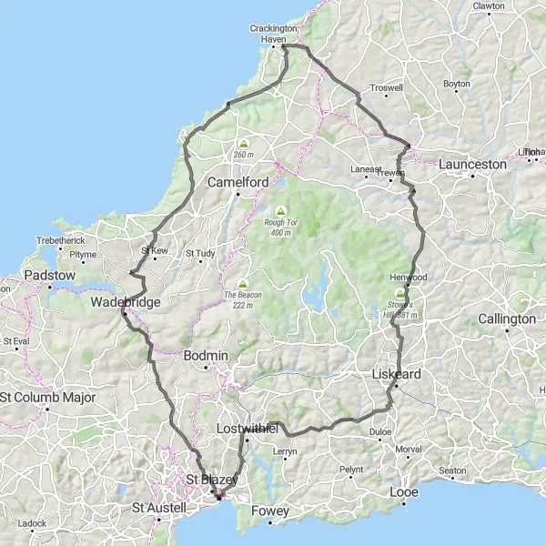 Map miniature of "The Escape to Rural Cornwall" cycling inspiration in Cornwall and Isles of Scilly, United Kingdom. Generated by Tarmacs.app cycling route planner