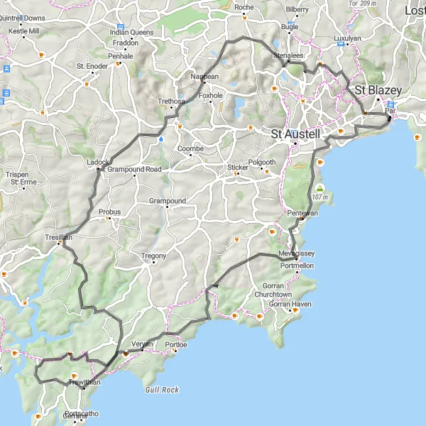 Map miniature of "The Pentewan Adventure" cycling inspiration in Cornwall and Isles of Scilly, United Kingdom. Generated by Tarmacs.app cycling route planner