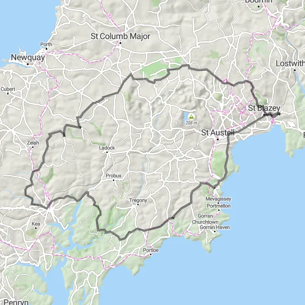 Map miniature of "The Countryside Escape" cycling inspiration in Cornwall and Isles of Scilly, United Kingdom. Generated by Tarmacs.app cycling route planner